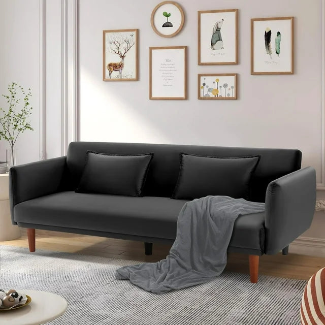 Onbeam 76" Velvet Futon Convertible Sofa Bed, 3 Seater Arm Couch for Home Office, 2 Pillows, Black