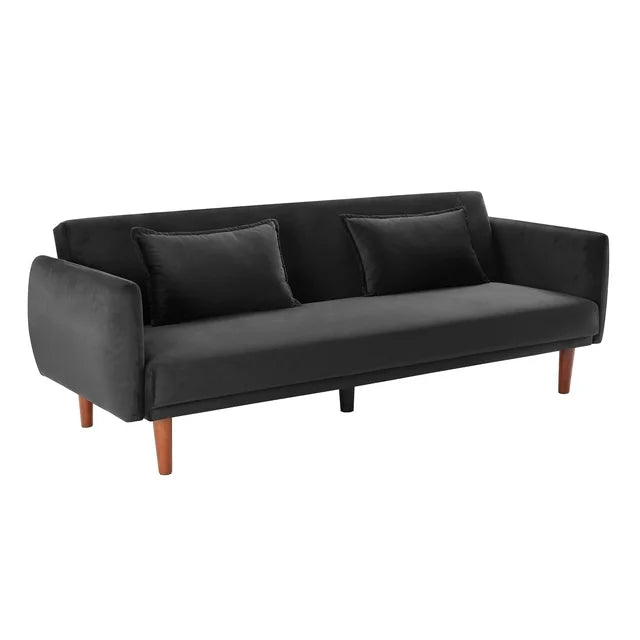 Onbeam 76" Velvet Futon Convertible Sofa Bed, 3 Seater Arm Couch for Home Office, 2 Pillows, Black