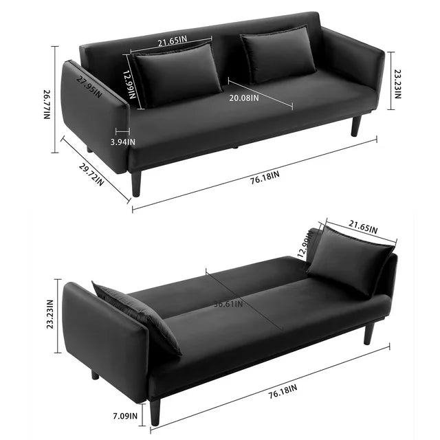 Onbeam 76" Velvet Futon Convertible Sofa Bed, 3 Seater Arm Couch for Home Office, 2 Pillows, Black