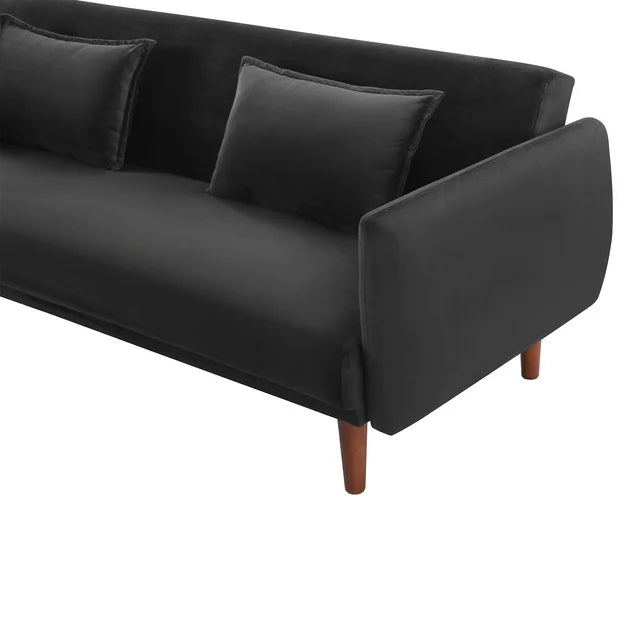 Onbeam 76" Velvet Futon Convertible Sofa Bed, 3 Seater Arm Couch for Home Office, 2 Pillows, Black