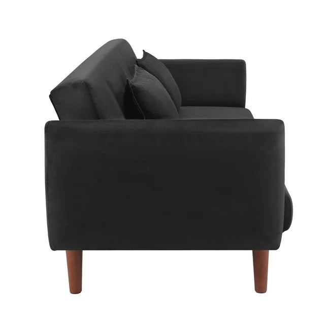Onbeam 76" Velvet Futon Convertible Sofa Bed, 3 Seater Arm Couch for Home Office, 2 Pillows, Black