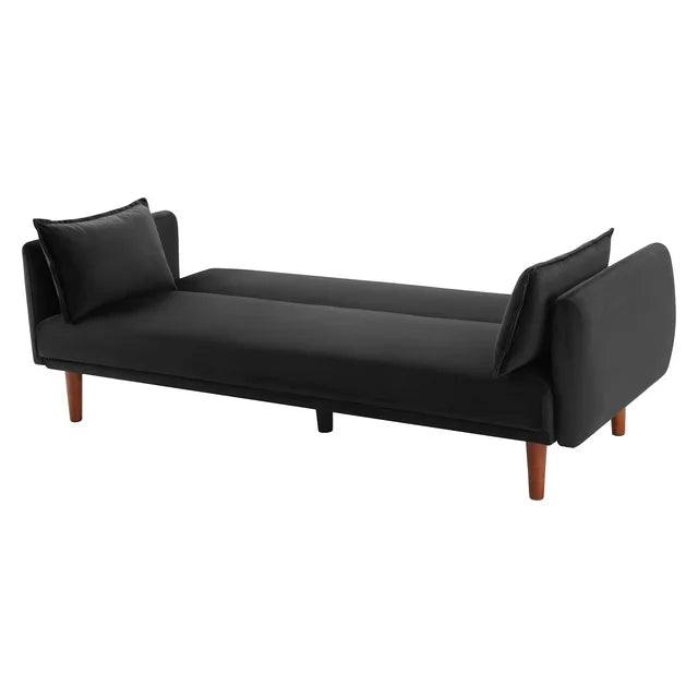 Onbeam 76" Velvet Futon Convertible Sofa Bed, 3 Seater Arm Couch for Home Office, 2 Pillows, Black