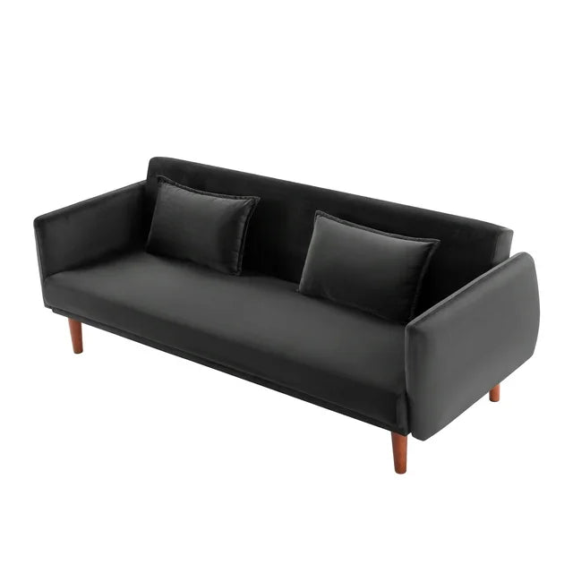 Onbeam 76" Velvet Futon Convertible Sofa Bed, 3 Seater Arm Couch for Home Office, 2 Pillows, Black
