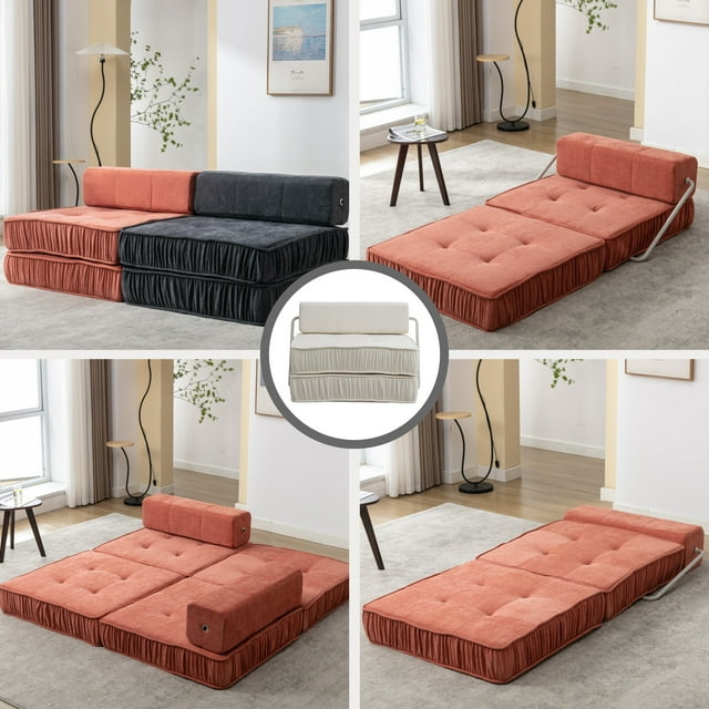 Onbeam Convertible Folding Sofa Bed, Floor Sleeper Chair with Removable Back Cushion, Chenille Futon Sofa Couch - Orange