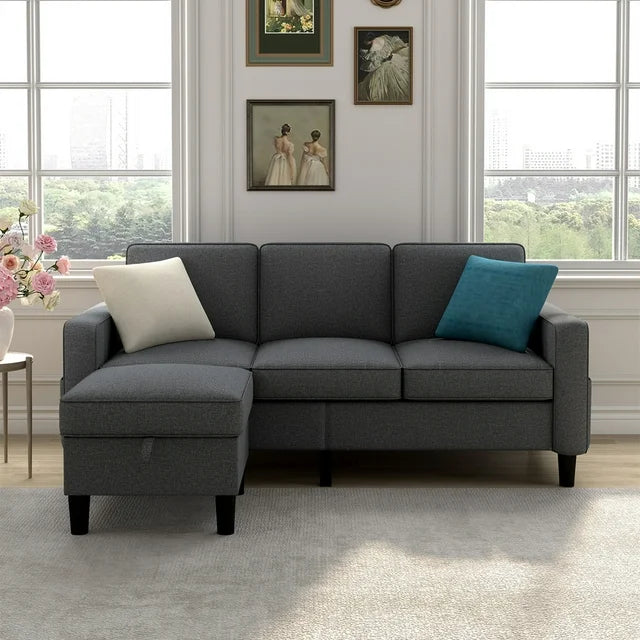 Onbeam Modern Sectional Sofa, 78" 3 Seater Couch with Storage Ottoman for Living Room, Gray
