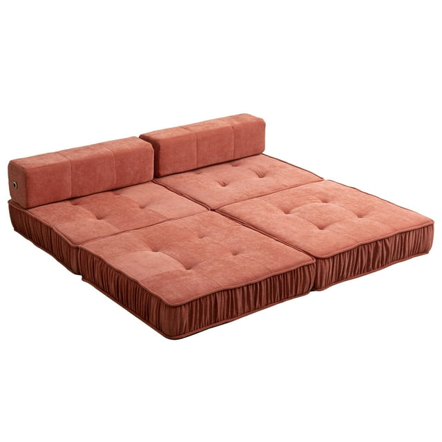 Onbeam Convertible Folding Sofa Bed, Floor Sleeper Chair with Removable Back Cushion, Chenille Futon Sofa Couch - Orange