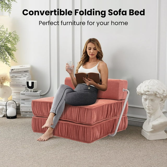 Onbeam Convertible Folding Sofa Bed, Floor Sleeper Chair with Removable Back Cushion, Chenille Futon Sofa Couch - Orange