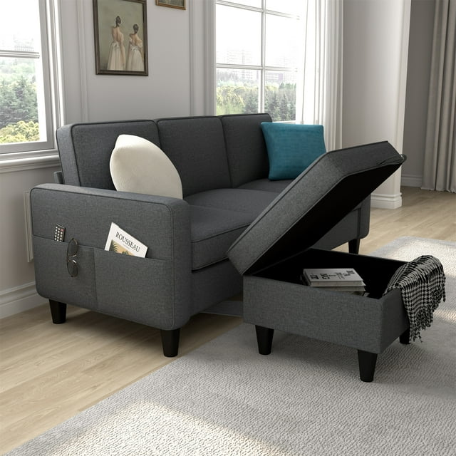 Onbeam Modern Sectional Sofa, 78" 3 Seater Couch with Storage Ottoman for Living Room, Gray
