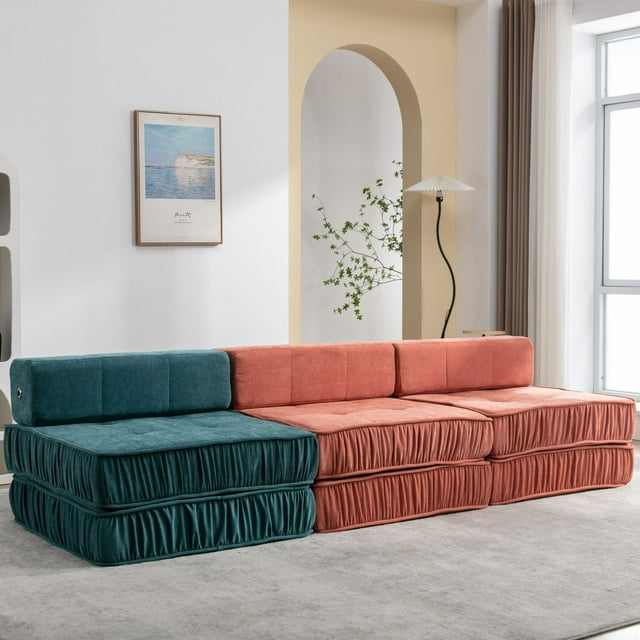 Onbeam Convertible Folding Sofa Bed, Floor Sleeper Chair with Removable Back Cushion, Chenille Futon Sofa Couch - Orange