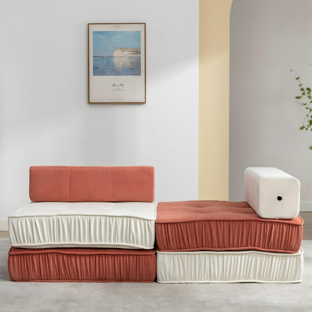 Onbeam Convertible Folding Sofa Bed, Floor Sleeper Chair with Removable Back Cushion, Chenille Futon Sofa Couch - Orange