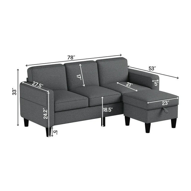 Onbeam Modern Sectional Sofa, 78" 3 Seater Couch with Storage Ottoman for Living Room, Gray