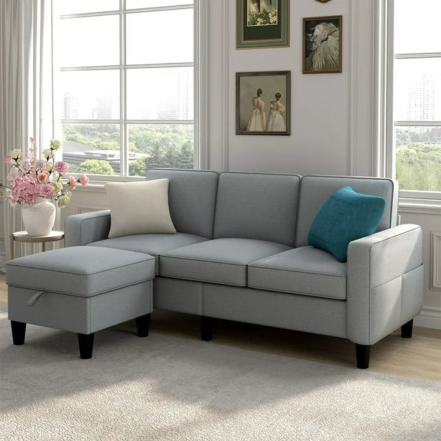 Onbeam Modern Sectional Sofa, 78" 3 Seater Couch with Storage Ottoman for Living Room, Gray