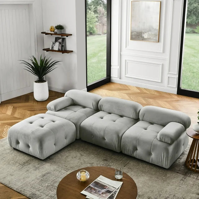 Onbeam 93" Sectional Sofa, Button Tufted Modular Chaise Couch for Living Room, Velvet, Orange