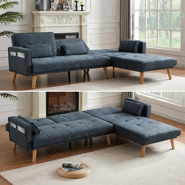 Onbeam 94" Futon Sofa Bed, Convertible Sleeper Sofa for Living Room, Right Facing Chaise, Linen, Gray