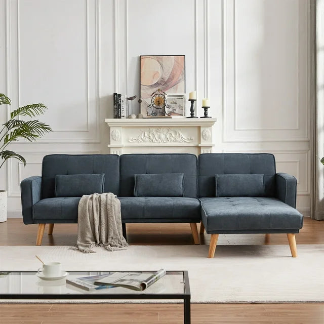 Onbeam 94" Futon Sofa Bed, Convertible Sleeper Sofa for Living Room, Right Facing Chaise, Linen, Gray