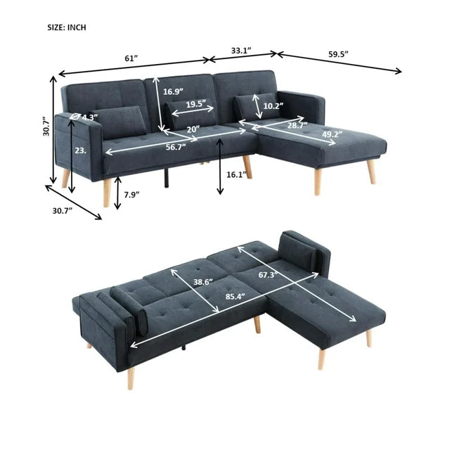 Onbeam 94" Futon Sofa Bed, Convertible Sleeper Sofa for Living Room, Right Facing Chaise, Linen, Gray