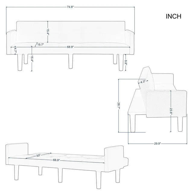 Onbeam 75" Convertible Futon Sofa Bed, Upholstered Loveseat Couch for Home Office, Faux Suede, Gray