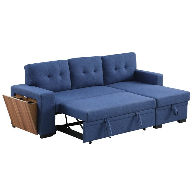 Onbeam 92" Sofa Bed, Couch with Side USB &Cupholder Console for Living Room, Pull Out Sleeper Sofa, Linen, Blue