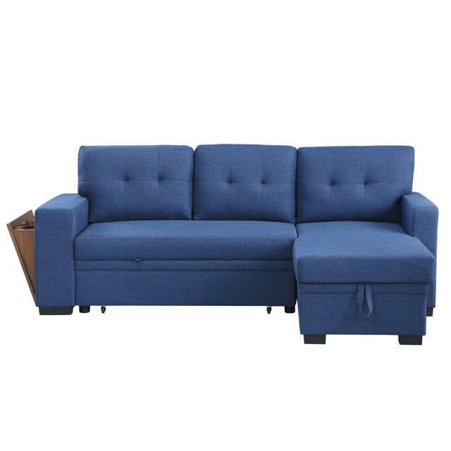 Onbeam 92" Sofa Bed, Couch with Side USB &Cupholder Console for Living Room, Pull Out Sleeper Sofa, Linen, Blue