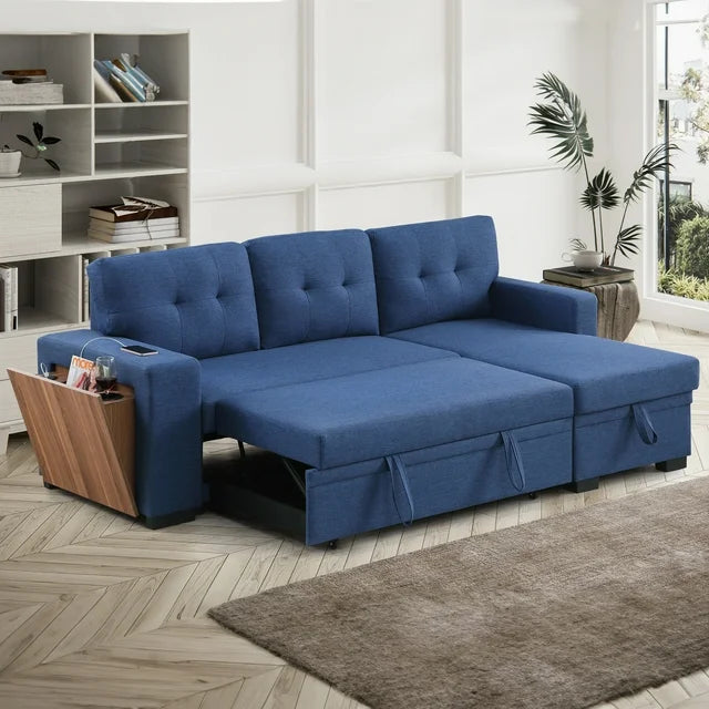 Onbeam 92" Sofa Bed, Couch with Side USB &Cupholder Console for Living Room, Pull Out Sleeper Sofa, Linen, Blue