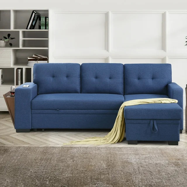 Onbeam 92" Sofa Bed, Couch with Side USB &Cupholder Console for Living Room, Pull Out Sleeper Sofa, Linen, Blue