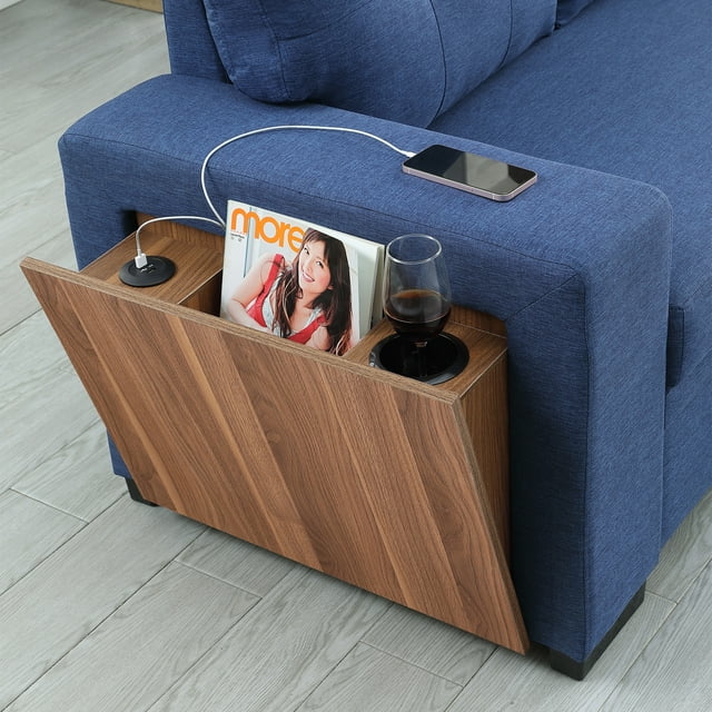 Onbeam 92" Sofa Bed, Couch with Side USB &Cupholder Console for Living Room, Pull Out Sleeper Sofa, Linen, Blue
