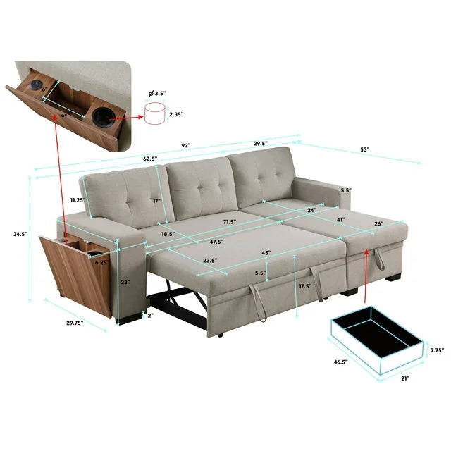 Onbeam 92" Sofa Bed, Couch with Side USB &Cupholder Console for Living Room, Pull Out Sleeper Sofa, Linen, Blue
