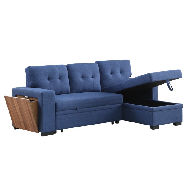 Onbeam 92" Sofa Bed, Couch with Side USB &Cupholder Console for Living Room, Pull Out Sleeper Sofa, Linen, Blue