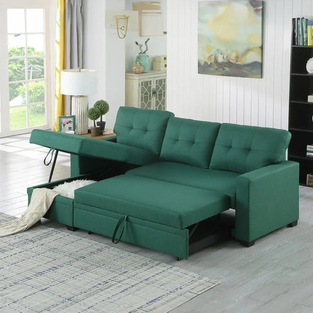 Onbeam 83" Sofa Bed, Sleeper Sofa, Pull Out Bed with Storage Chaise for Living Room, Linen, Green