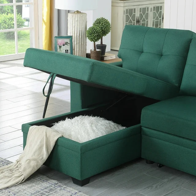 Onbeam 83" Sofa Bed, Sleeper Sofa, Pull Out Bed with Storage Chaise for Living Room, Linen, Green