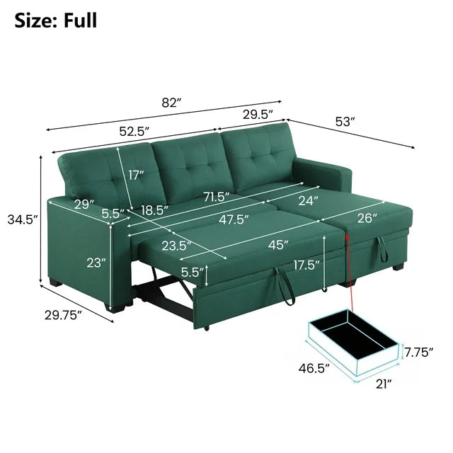 Onbeam 83" Sofa Bed, Sleeper Sofa, Pull Out Bed with Storage Chaise for Living Room, Linen, Green