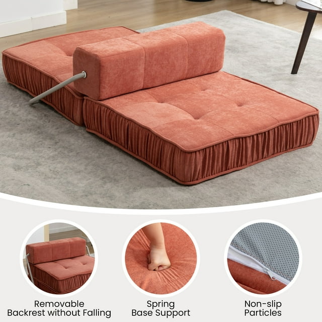 Onbeam Convertible Folding Sofa Bed, Floor Sleeper Chair with Removable Back Cushion, Chenille Futon Sofa Couch - Orange