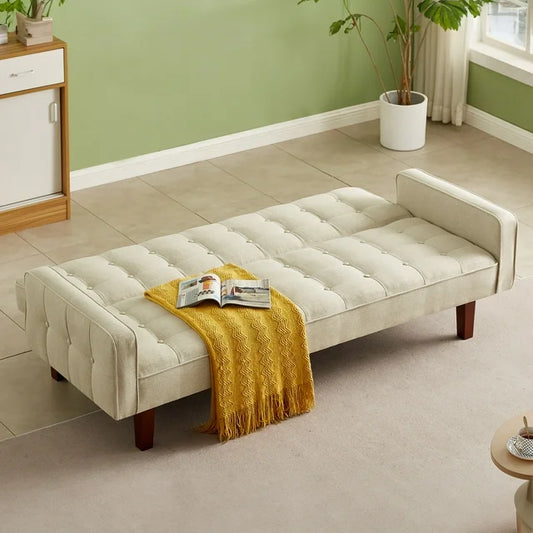 Onbeam 74" Square Arm Futon Convertible Sofa Bed for Home Office, Button-Tufted Back, Beige