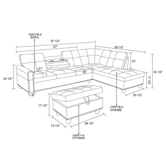 Onbeam Sectional Sofa, Living Room Couch with Storage Ottoman, Cup Holder, Dark Gray